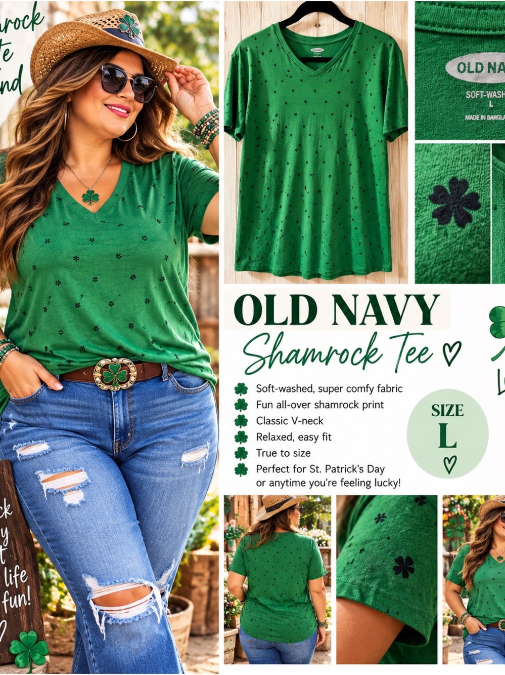 Old Navy Green Shamrock V-Neck Tee